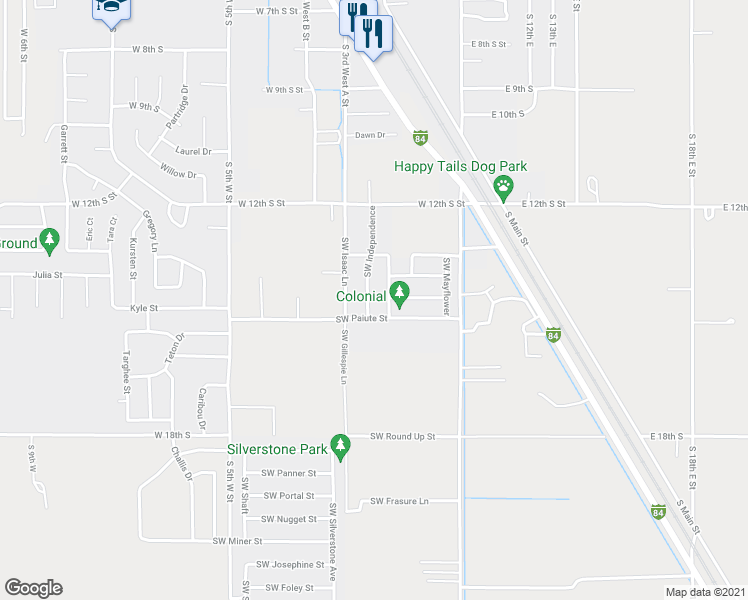 map of restaurants, bars, coffee shops, grocery stores, and more near 1110 Southwest Independence in Mountain Home