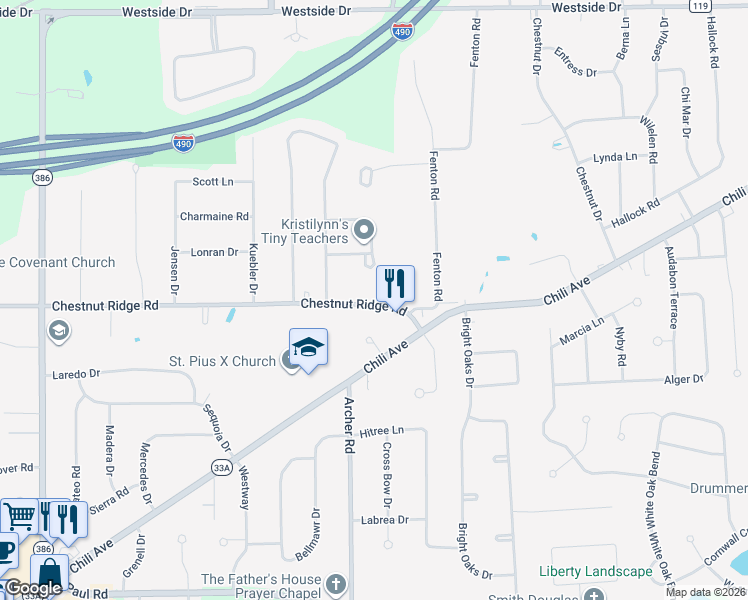 map of restaurants, bars, coffee shops, grocery stores, and more near 35 Chestnut Ridge Road in Rochester