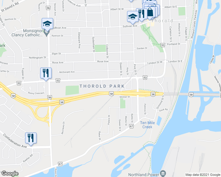 map of restaurants, bars, coffee shops, grocery stores, and more near 11 Bolton Avenue in Thorold