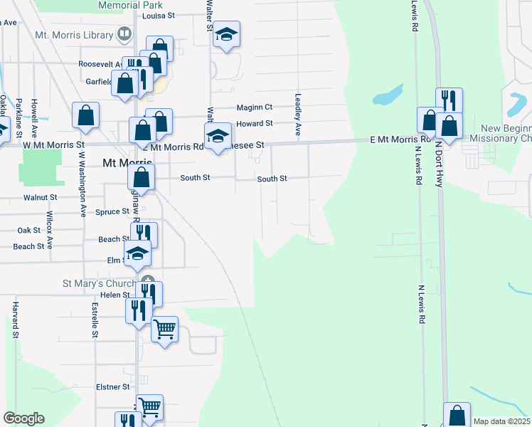 map of restaurants, bars, coffee shops, grocery stores, and more near 9247 North Saginaw Road in Mount Morris