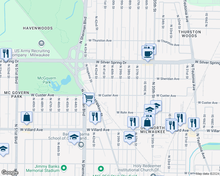 map of restaurants, bars, coffee shops, grocery stores, and more near 5414 North 41st Street in Milwaukee