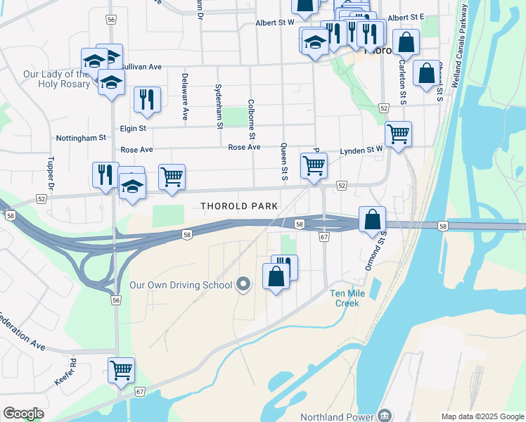 map of restaurants, bars, coffee shops, grocery stores, and more near 11 Bolton Avenue in Thorold