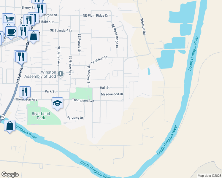 map of restaurants, bars, coffee shops, grocery stores, and more near 771 Southeast Hall Street in Winston
