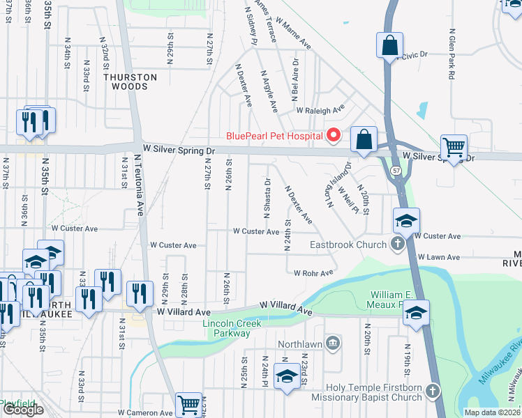 map of restaurants, bars, coffee shops, grocery stores, and more near 5422 North Bethmaur Lane in Glendale