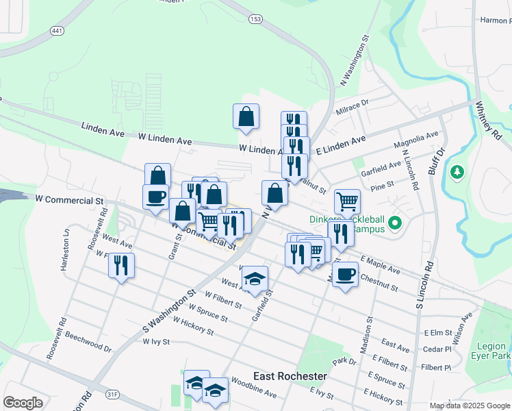 map of restaurants, bars, coffee shops, grocery stores, and more near 103 North Washington Street in East Rochester