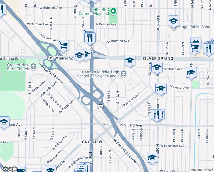 map of restaurants, bars, coffee shops, grocery stores, and more near 5445 North 74th Street in Milwaukee