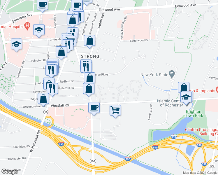 map of restaurants, bars, coffee shops, grocery stores, and more near 243 Green Knolls Drive in Rochester