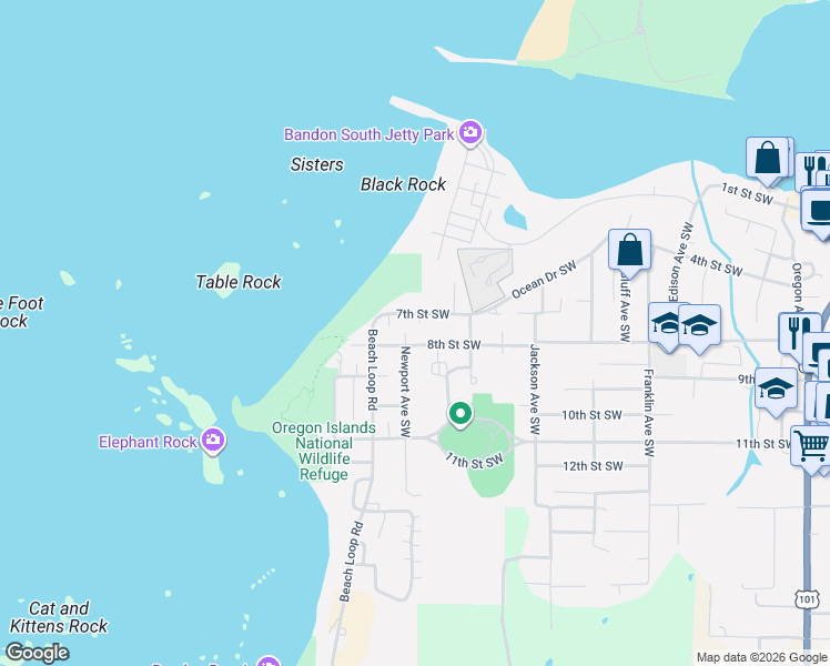 map of restaurants, bars, coffee shops, grocery stores, and more near 757 Newport Avenue Southwest in Bandon