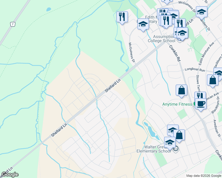 map of restaurants, bars, coffee shops, grocery stores, and more near Shellard Lane in Brantford