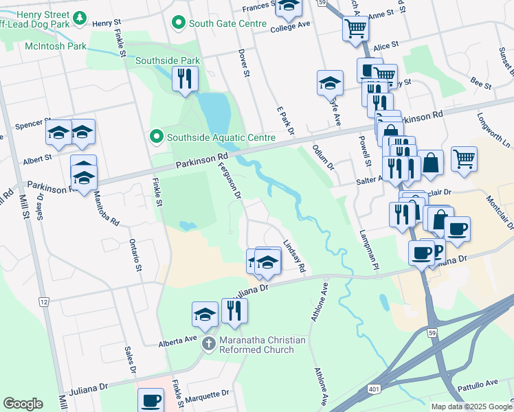 map of restaurants, bars, coffee shops, grocery stores, and more near 195 Ferguson Drive in Woodstock