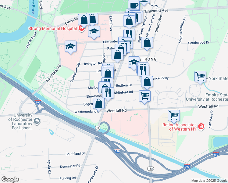 map of restaurants, bars, coffee shops, grocery stores, and more near 31 Whiteford Road in Rochester