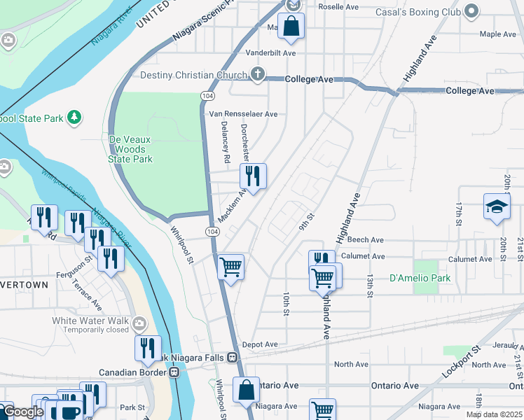 map of restaurants, bars, coffee shops, grocery stores, and more near 781 Monteagle Street in Niagara Falls