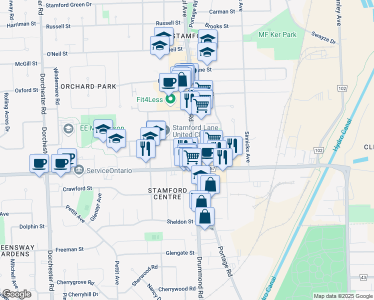 map of restaurants, bars, coffee shops, grocery stores, and more near in Niagara Falls