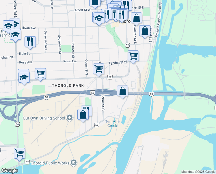 map of restaurants, bars, coffee shops, grocery stores, and more near 27 Patricia Street in Thorold