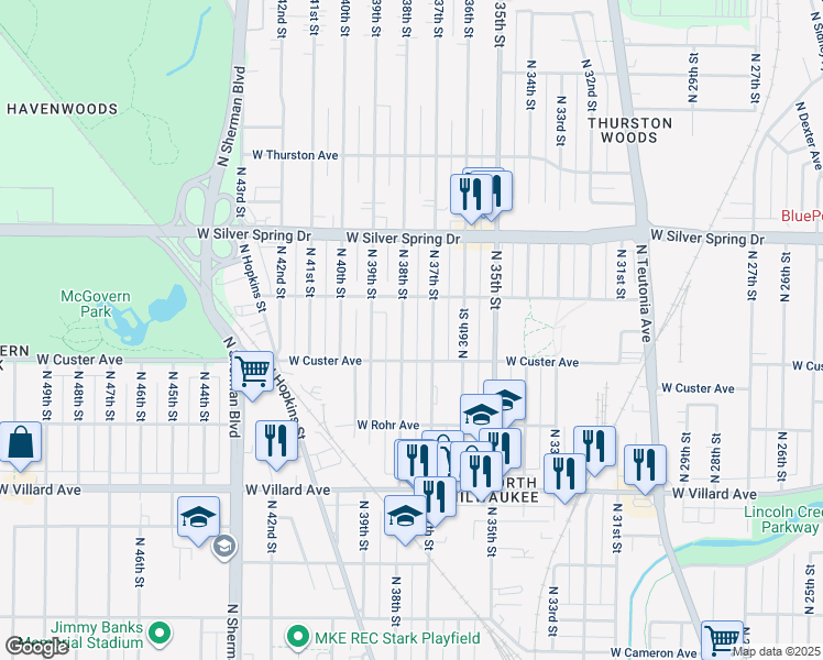 map of restaurants, bars, coffee shops, grocery stores, and more near 5413 North 38th Street in Milwaukee