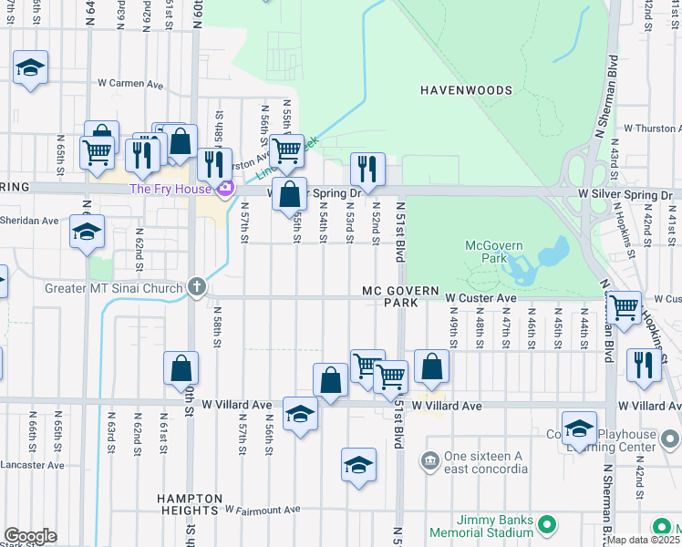 map of restaurants, bars, coffee shops, grocery stores, and more near 5410 North 54th Street in Milwaukee