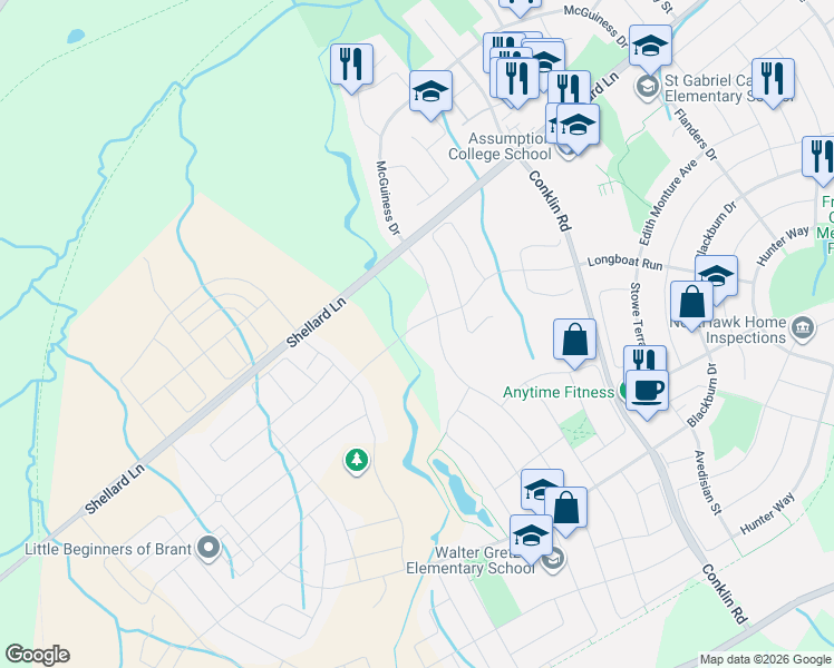 map of restaurants, bars, coffee shops, grocery stores, and more near 87 Longboat Run West in Brantford