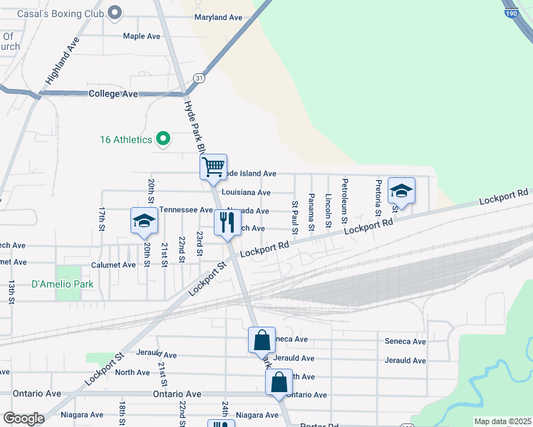 map of restaurants, bars, coffee shops, grocery stores, and more near 3024 Birch Avenue in Niagara Falls