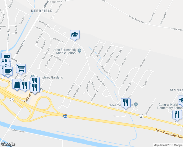 map of restaurants, bars, coffee shops, grocery stores, and more near 702 Deerfield Drive East in Utica
