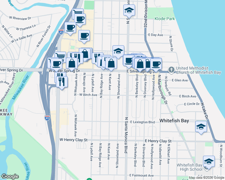 map of restaurants, bars, coffee shops, grocery stores, and more near 5458 North Kent Avenue in Whitefish Bay