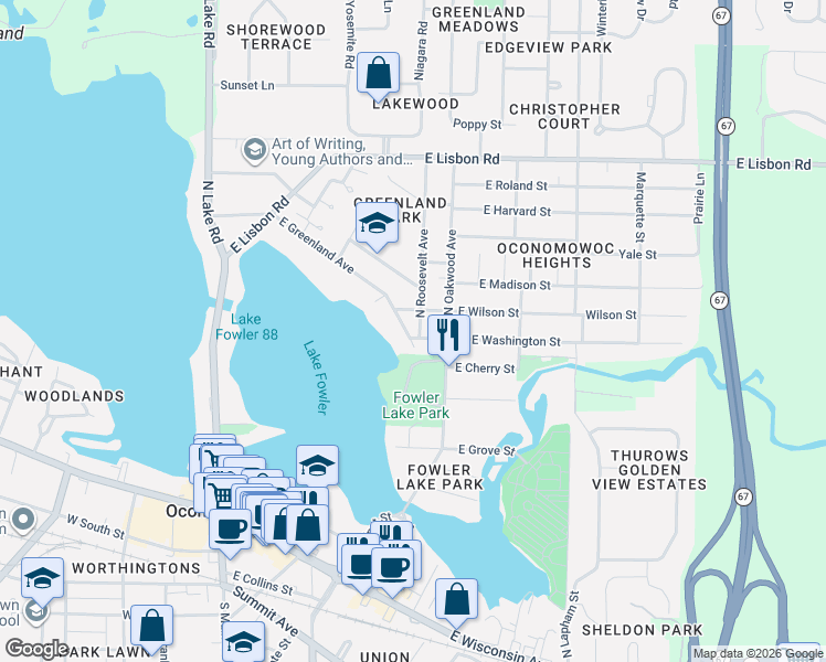 map of restaurants, bars, coffee shops, grocery stores, and more near 553 East Greenland Avenue in Oconomowoc