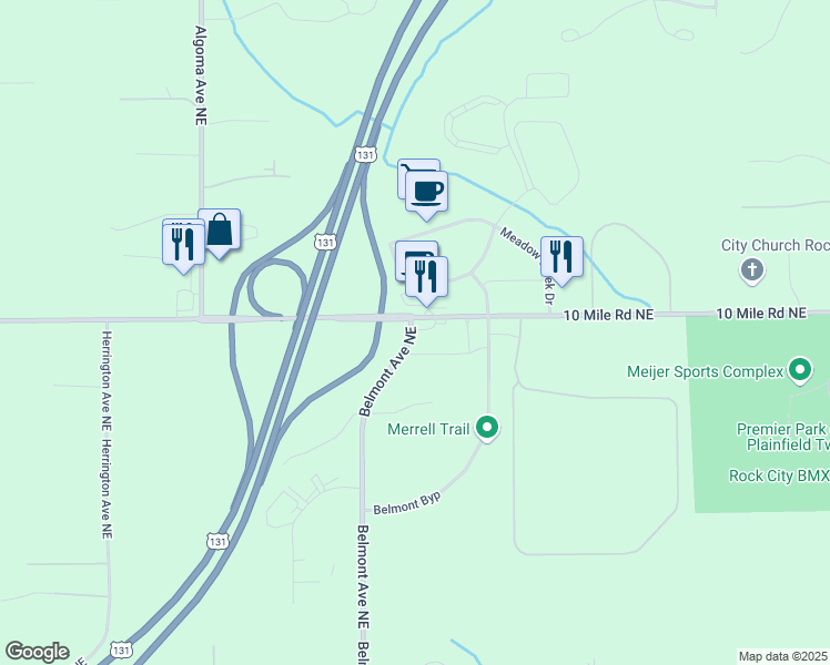 map of restaurants, bars, coffee shops, grocery stores, and more near 8390 Belmont Avenue Northeast in Plainfield charter Township