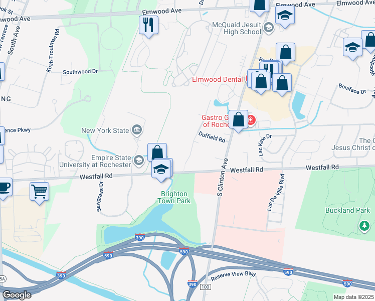 map of restaurants, bars, coffee shops, grocery stores, and more near 99 Schilling Lane in Rochester