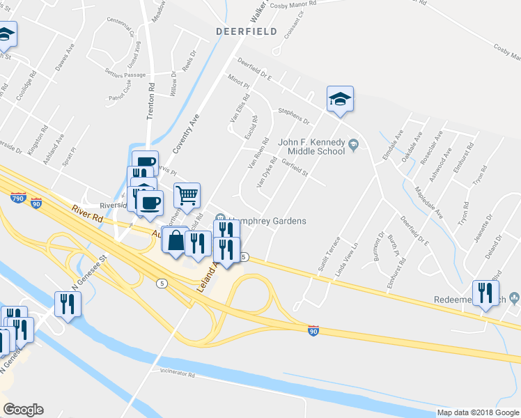 map of restaurants, bars, coffee shops, grocery stores, and more near 429 Van Rensselaer Road in Utica