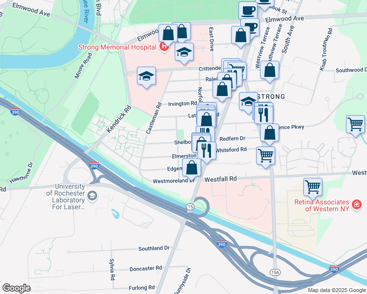 map of restaurants, bars, coffee shops, grocery stores, and more near 63 Elmerston Road in Rochester