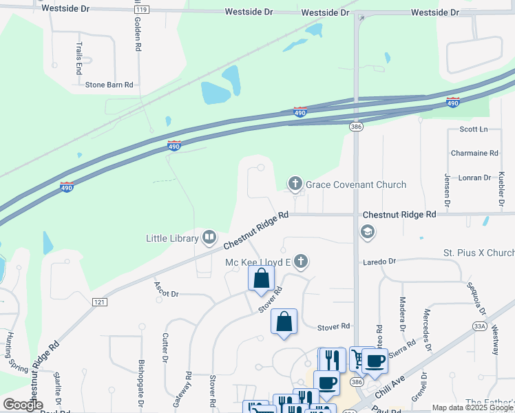 map of restaurants, bars, coffee shops, grocery stores, and more near 272 Chestnut Ridge Road in Rochester