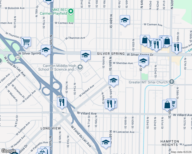 map of restaurants, bars, coffee shops, grocery stores, and more near 7002 West Herbert Avenue in Milwaukee