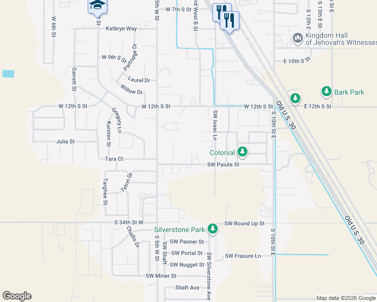 map of restaurants, bars, coffee shops, grocery stores, and more near 628 Southwest Paiute Street in Mountain Home