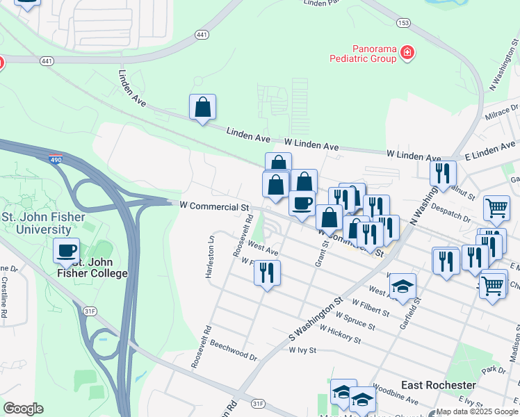 map of restaurants, bars, coffee shops, grocery stores, and more near 515 West Commercial Street in East Rochester