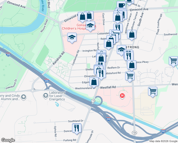 map of restaurants, bars, coffee shops, grocery stores, and more near 63 Elmerston Road in Rochester