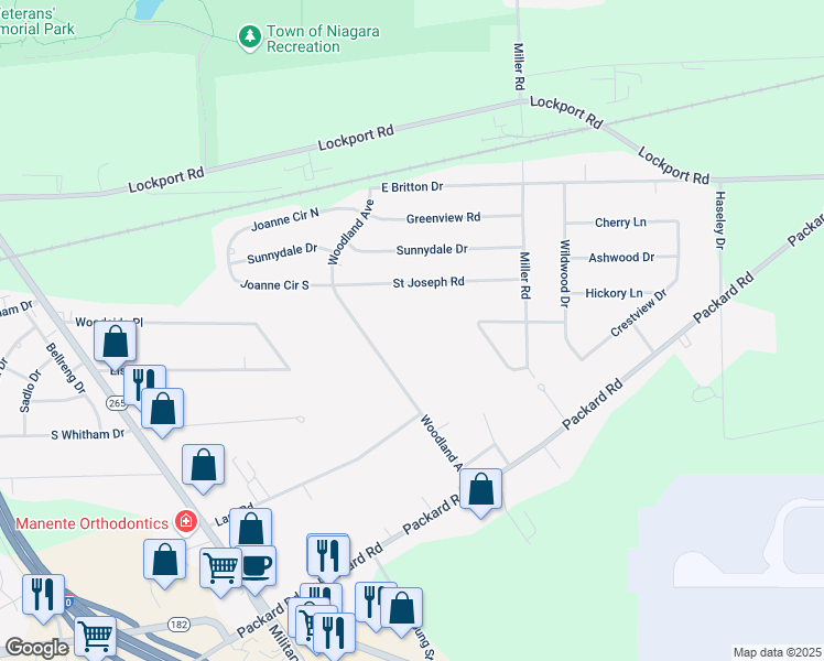 map of restaurants, bars, coffee shops, grocery stores, and more near 3221 Woodland Avenue in Niagara Falls