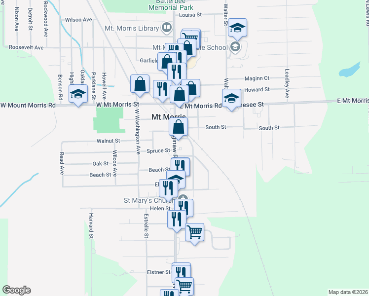 map of restaurants, bars, coffee shops, grocery stores, and more near 11448 Saginaw Street in Mount Morris