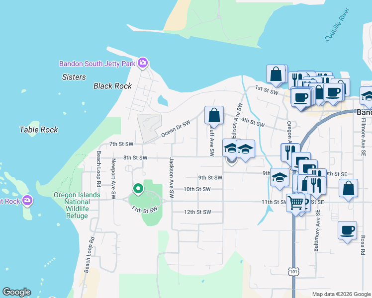 map of restaurants, bars, coffee shops, grocery stores, and more near 877 8th Street Southwest in Bandon