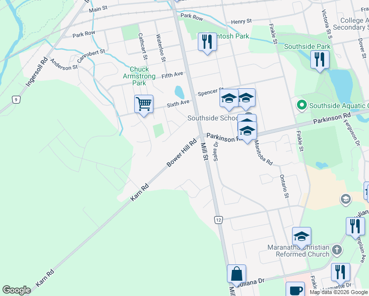 map of restaurants, bars, coffee shops, grocery stores, and more near 229 Bower Hill Road in Woodstock