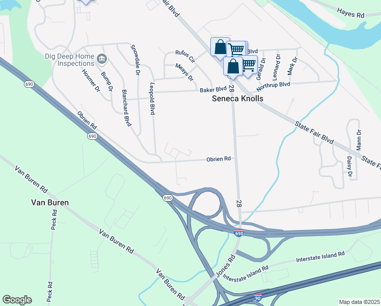 map of restaurants, bars, coffee shops, grocery stores, and more near 7163 Obrien Road in Syracuse