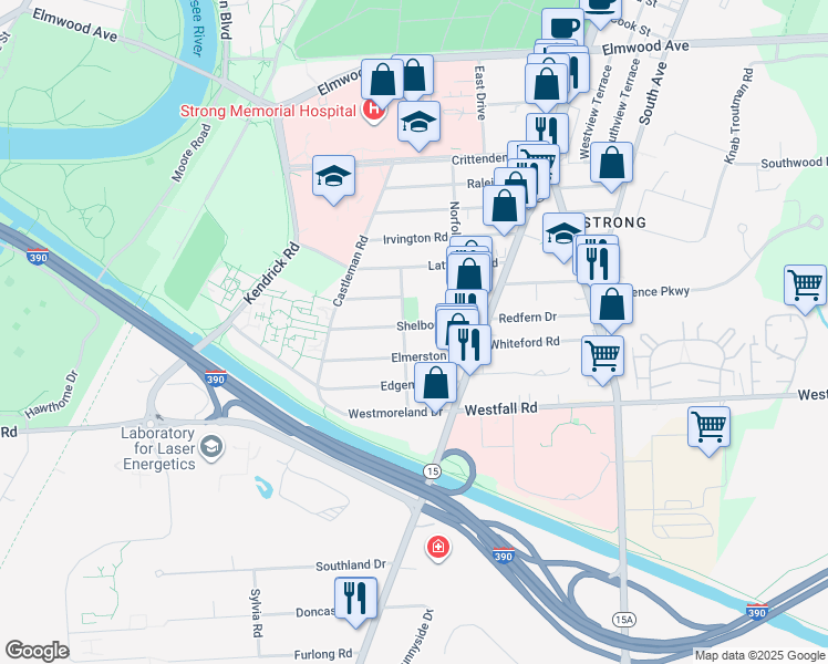 map of restaurants, bars, coffee shops, grocery stores, and more near 63 Elmerston Road in Rochester