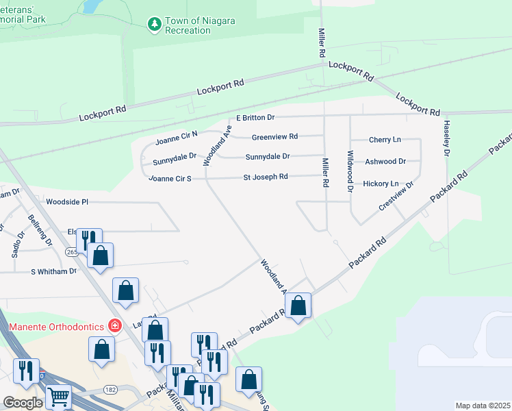 map of restaurants, bars, coffee shops, grocery stores, and more near 3221 Woodland Avenue in Niagara Falls