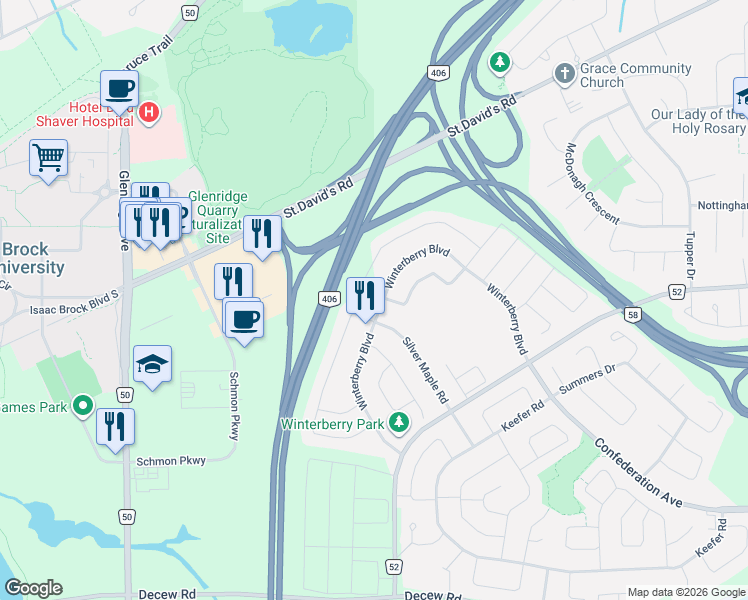 map of restaurants, bars, coffee shops, grocery stores, and more near 201 Winterberry Boulevard in Thorold