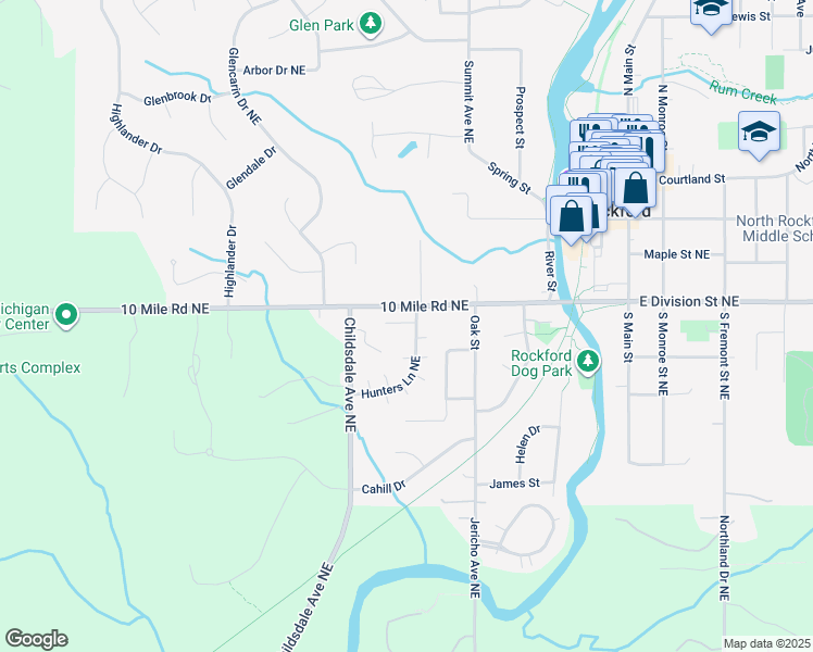 map of restaurants, bars, coffee shops, grocery stores, and more near 130 Childsdale Avenue Northeast in Rockford