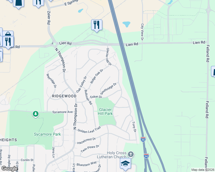 map of restaurants, bars, coffee shops, grocery stores, and more near 1201 Southridge Drive in Madison