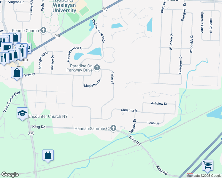 map of restaurants, bars, coffee shops, grocery stores, and more near 134 Parkway Drive in North Chili