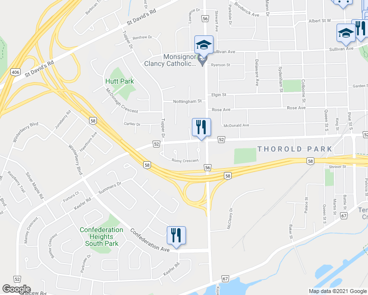 map of restaurants, bars, coffee shops, grocery stores, and more near 5 Julie Drive in Thorold