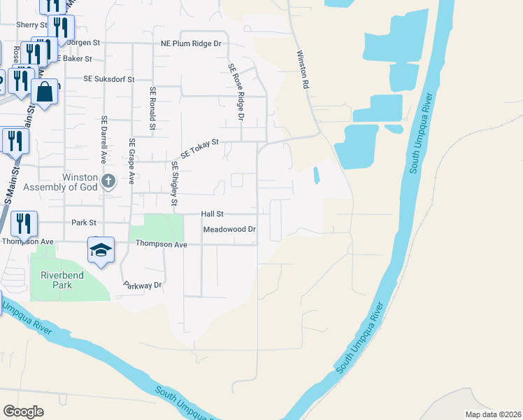 map of restaurants, bars, coffee shops, grocery stores, and more near 107 Oak Leaf Lane in Winston