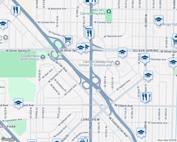 map of restaurants, bars, coffee shops, grocery stores, and more near 5463 North 76th Street in Milwaukee