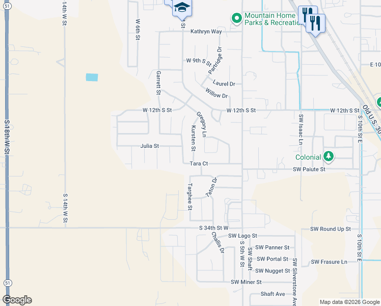 map of restaurants, bars, coffee shops, grocery stores, and more near 1425 Kursten Street in Mountain Home