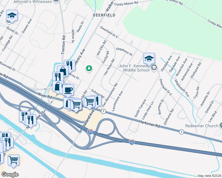 map of restaurants, bars, coffee shops, grocery stores, and more near 437 Van Rensselaer Road in Utica